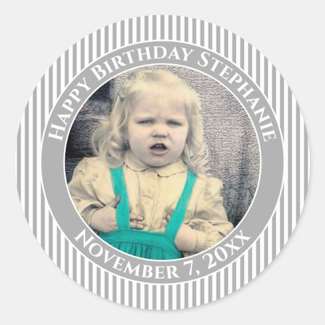 Your Photo Simple Stripes Pattern Grey/White Classic Round Sticker (Front)
