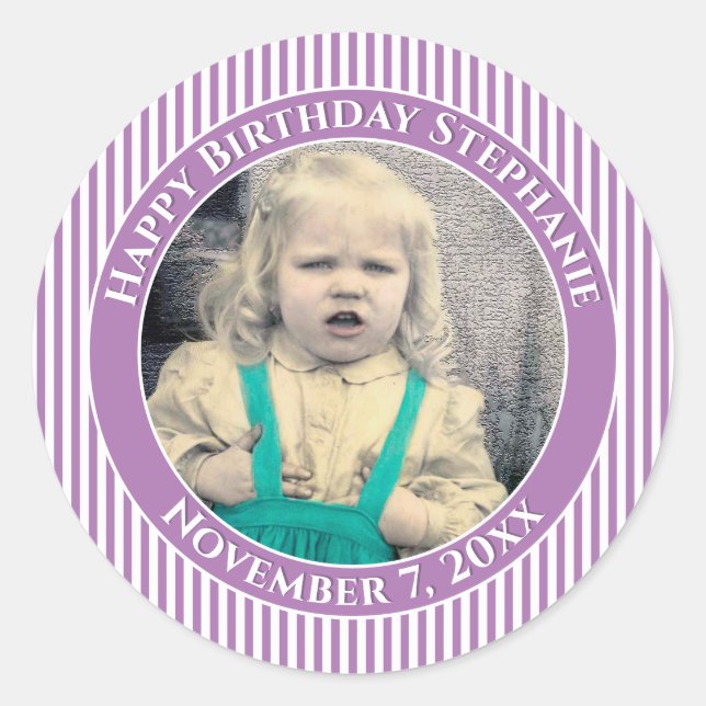 Your Photo Simple Stripes Pattern Lavender/White Classic Round Sticker (Front)