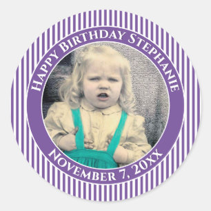Your Photo Simple Stripes Pattern Purple/White Classic Round Sticker