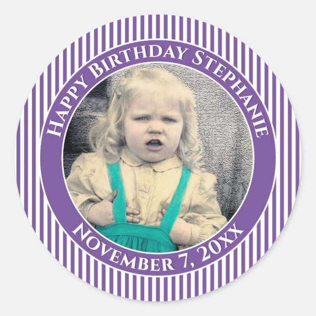 Your Photo Simple Stripes Pattern Purple/White Classic Round Sticker (Front)