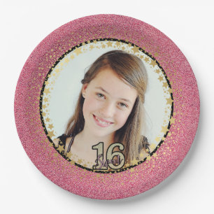 Your Photo Sweet 16 with Pink Glitter Bowl Paper P Plate