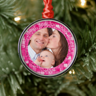 Your Photo & Text - Duo-tone Fuchsia Tile Pattern Metal Tree Decoration
