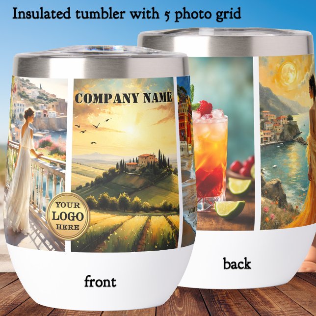 Your Photo Travel Logo Business Insulated Tumbler (Thermal travel tumbler featuring your custom logo, photo and texts on a five photo grid)