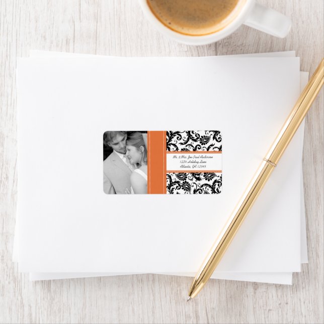 Your Photo Wedding Vintage Tangerine Damask Label (Insitu)