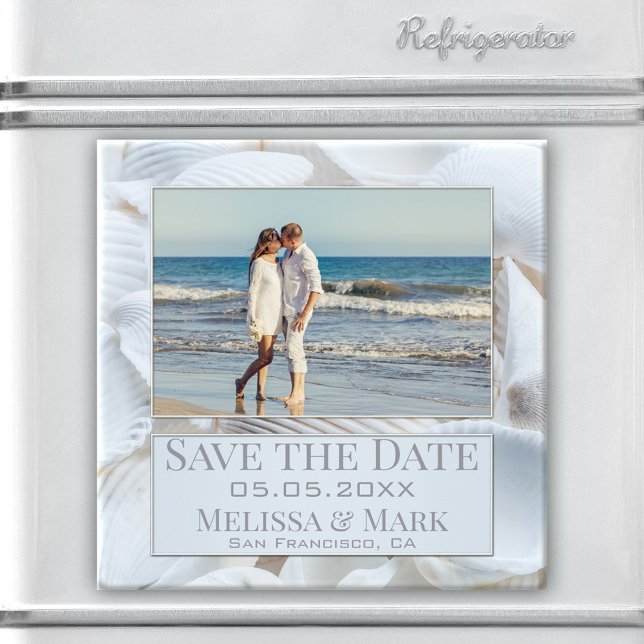 Your Photo White Sea Shells Save the Date Magnet (Elegant Save the Date magnet featuring your own photo framed by a modern design with white seashells)