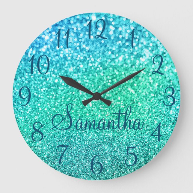 Your Photo with Ocean Blue Numbers and Name Large Clock (Front)