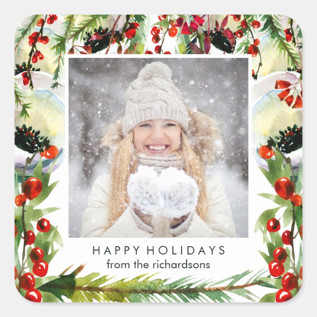 Your Photo with Watercolor Christmas Berries Square Sticker (Front)