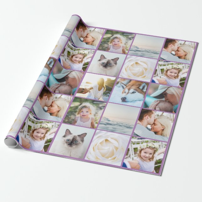 Your Photos Custom Collage Modern Lavender Wrapping Paper (Unrolled)