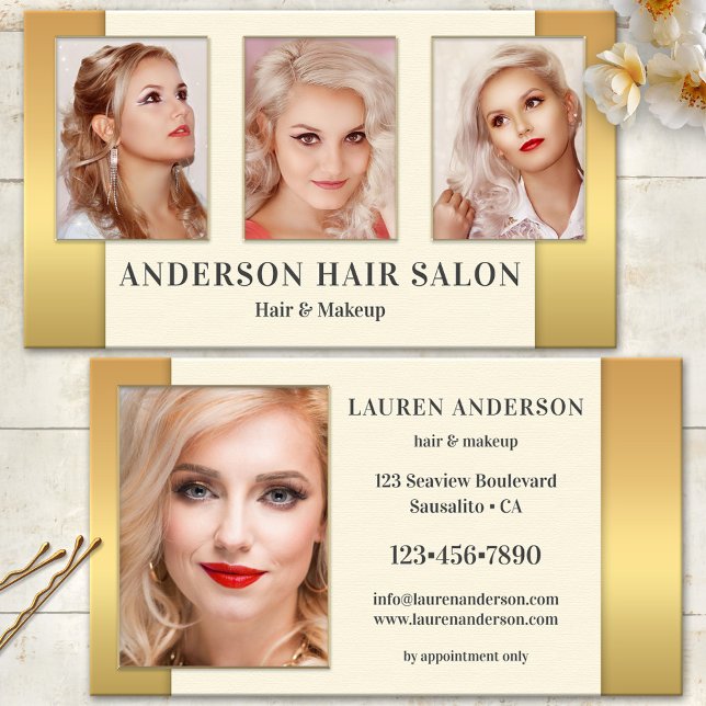 Your Photos Gold Hair Beauty Business Card (Makeup and hair salon business card featuring your photos portfolio on gold and cream)