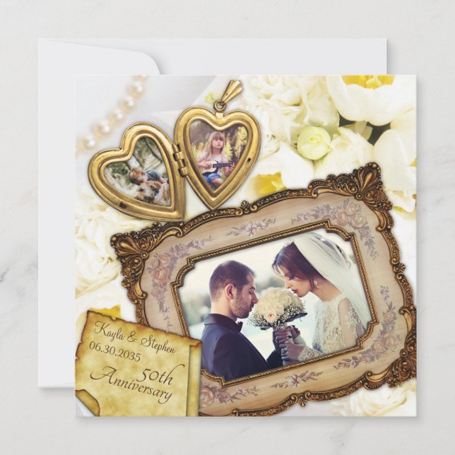 Your Photos Heart Locket Antique Frame Anniversary Invitation (Front)