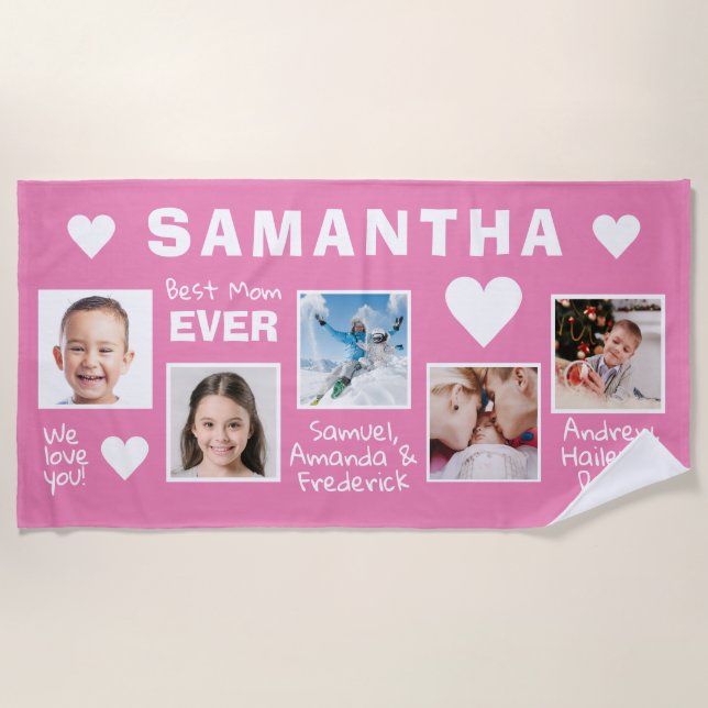 YOUR photos & names BEST MOM beach towel (Front)
