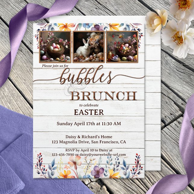 Your Photos Rustic Easter Bubbles and Brunch Invitation (Rustic Bubbles & Brunch invitation featuring your photos framed by watercolor wildflowers)