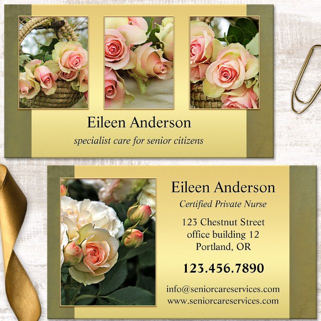 Your Photos Senior Citizen Care Nurse Business Card (Care giver business card featuring your photos framed by a golden lining on elegant green)