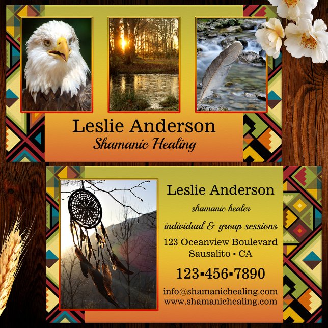 Your Photos Tribal Shamanic Healing Business Card (Business card featuring your custom photos framed by a colorful tribal design. Great for a shaman)