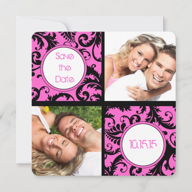 Your Pink Damask Photo Collage Save the Date (Front)