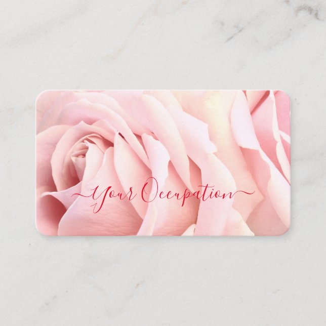 Your Profession, Pale Pink Roses, Red Text Business Card (Front)