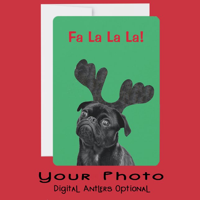Your Pug Dog Photo with Digital Antlers Green Holiday Card (Creator Uploaded)