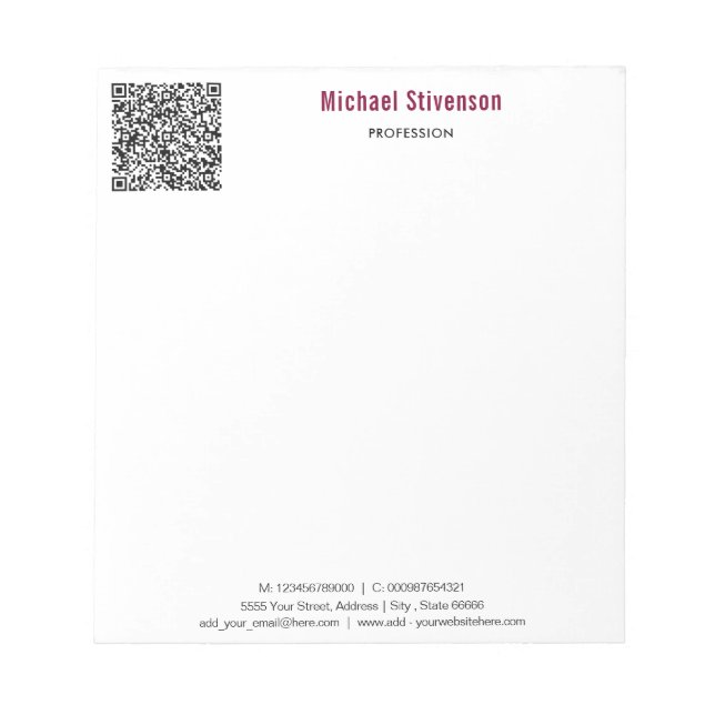 Your QR Code and Custom Text Business Notepad (Front)