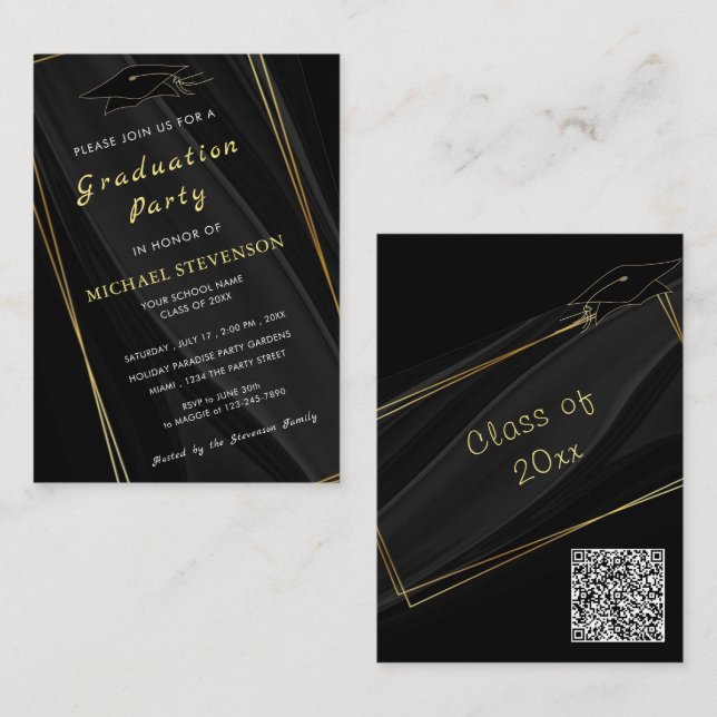 Your QR Code Gold Black Graduation Invitation Card (Front/Back)