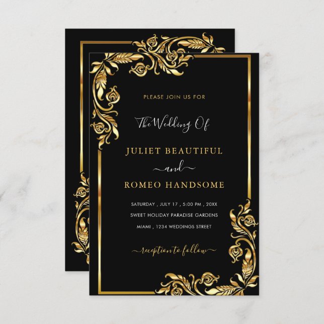 Your QR Code Info Black Gold Wedding Invitation (Front/Back)