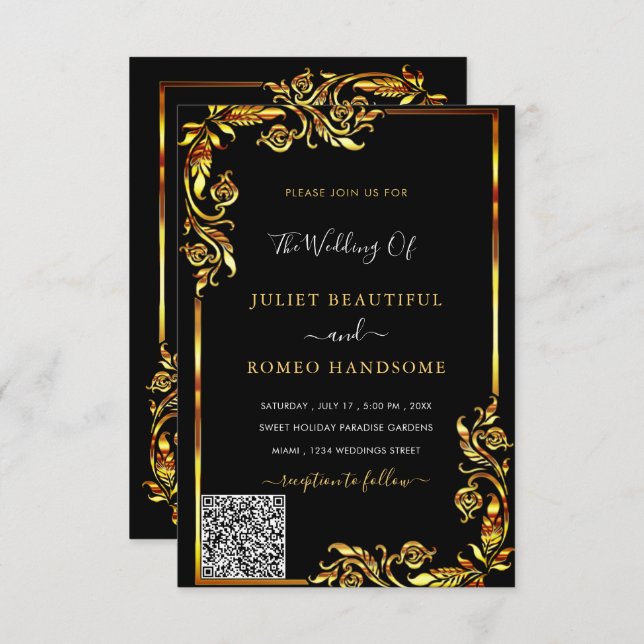 Your QR Code Info Black Gold Wedding Invitation (Front/Back)