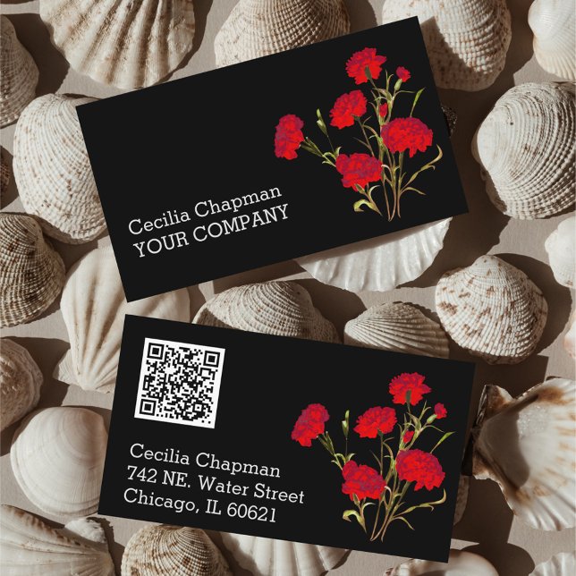  Your QR Code Red Floral Personalised Black Gothic Business Card (Creator Uploaded)