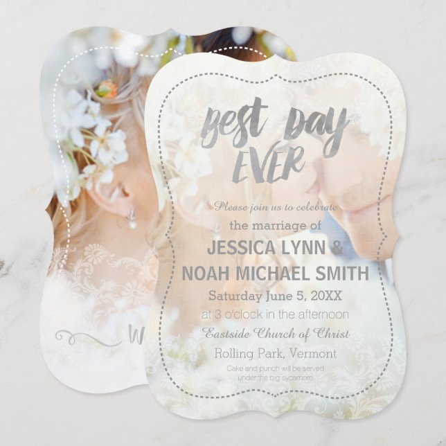 Your Romantic Photo Best Day Ever Grey Borders Invitation (Front/Back)
