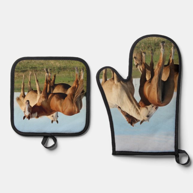 Your scratch my back, I'll scratch yours. Horses Oven Mitt & Pot Holder Set (Front)