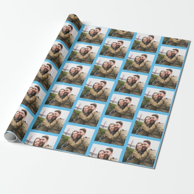 Your Single Photo Pattern on Blue Personalised Wrapping Paper (Unrolled)