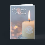 Your Sons Birthday Remembrance with Candle Card<br><div class="desc">A lit candle with a blue-grey Celtic knot accent and bokeh lights in the background is used to remember someone's son on his birthday. Let friends know how much their son has meant to you and others with this birthday remembrance paper greeting card. Special original verse written inside. Art, image,...</div>