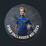 Your Sports Photo | Personalised Round Clock<br><div class="desc">Custom round clock featuring your sports photo with personalised name, player number, and team name, school, city, year, or message in bold collegiate typography. Suitable for any photo, colour, all ages, any sport. Test it out to see how it looks! To make further edits, enter the design tool, if needed....</div>