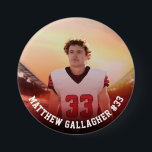 Your Sports Photo | Personalised Team Photo Button<br><div class="desc">Custom pin button with red and black gradient featuring your sports photo with personalised name, player number, and team name, school, city, year, or message in bold collegiate typography. Ideal for teams with the colour red. Suitable for any photo, all ages, of any sport. Test it out to see how...</div>