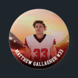 Your Sports Photo | Personalised Team Photo Button<br><div class="desc">Custom pin button with red and black gradient featuring your sports photo with personalised name, player number, and team name, school, city, year, or message in bold collegiate typography. Ideal for teams with the colour red. Suitable for any photo, all ages, of any sport. Test it out to see how...</div>