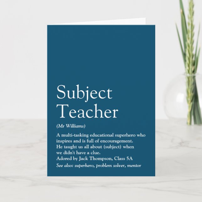 Your Teacher Definition Typographic Fun Blue Card (Front)
