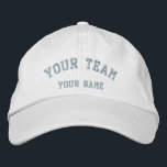 Your Team Embroidered White/Baby Blue Cap Template<br><div class="desc">A white basic adjustable embroidered cap with a baby blue team text template.</div>
