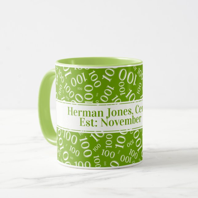 Your Text: 100th Birthday Number Pattern Green Mug (Front Left)
