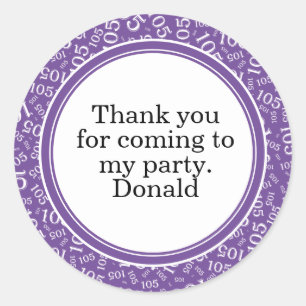 Your Text 105th Random Number Pattern Purple/White Classic Round Sticker