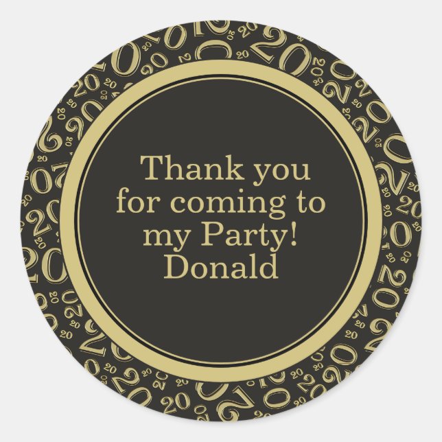  Your Text 20th Random Number Pattern Black/Gold Classic Round Sticker (Front)