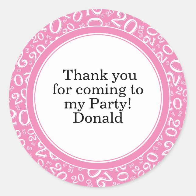 Your Text 20th Random Number Pattern Pink/White Classic Round Sticker (Front)