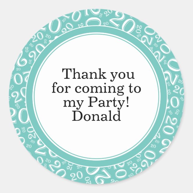  Your Text 20th Random Number Pattern Teal/White Classic Round Sticker (Front)