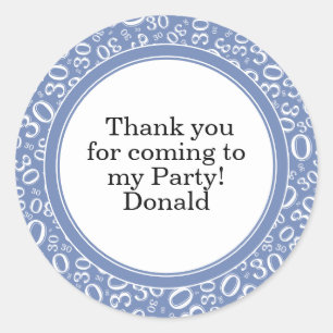 Your Text 30th Random Number Pattern Blue/White Classic Round Sticker