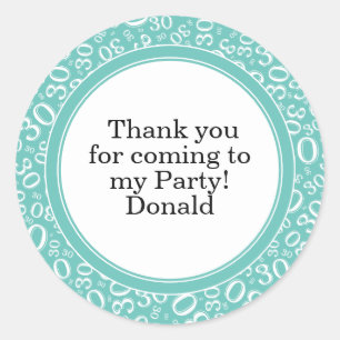 Your Text 30th Random Number Pattern Teal/White Classic Round Sticker