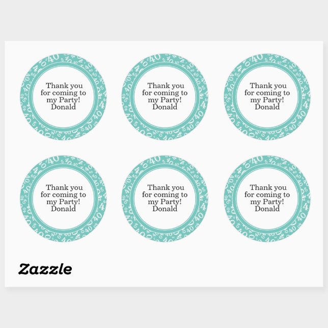  Your Text 40th Random Number Pattern Teal/White Classic Round Sticker (Sheet)