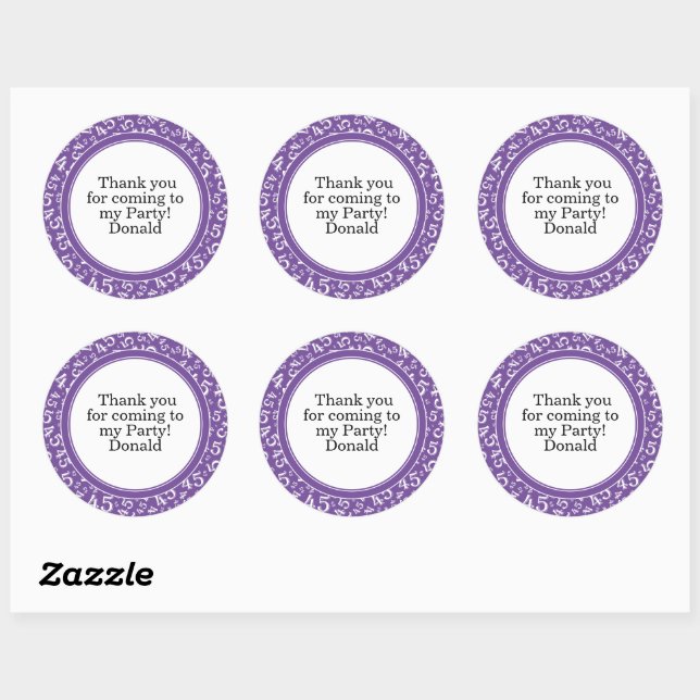  Your Text 45th Random Number Pattern Purple/White Classic Round Sticker (Sheet)