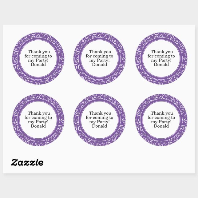  Your Text 50th Random Number Pattern Purple/White Classic Round Sticker (Sheet)