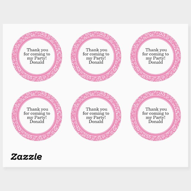  Your Text 55th Random Number Pattern Pink/White Classic Round Sticker (Sheet)