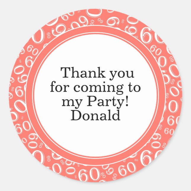  Your Text 60th Random Number Pattern Coral/White Classic Round Sticker (Front)