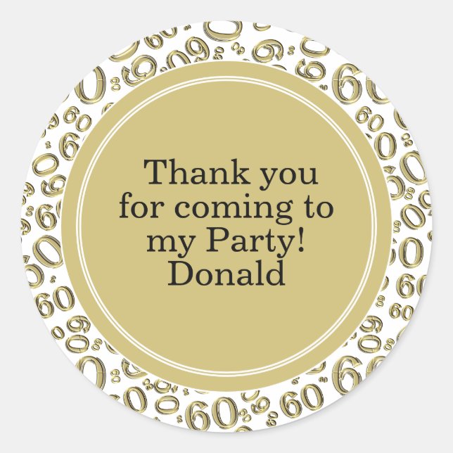  Your Text 60th Random Number Pattern Gold/White Classic Round Sticker (Front)