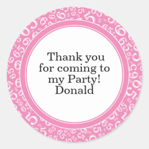 Your Text 65th Random Number Pattern Pink/White Classic Round Sticker