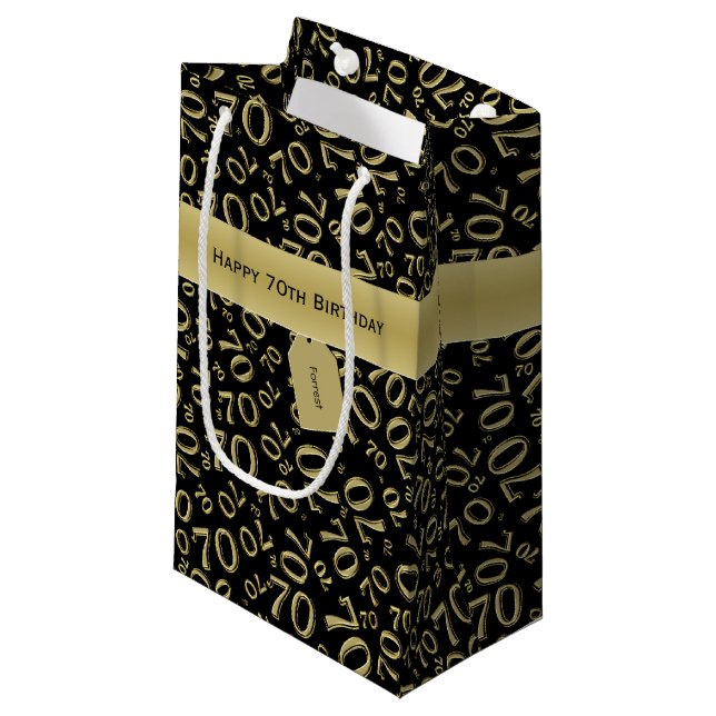 Your text: 70th Birthday Black/Gold Number 70 Small Gift Bag (Front Angled)